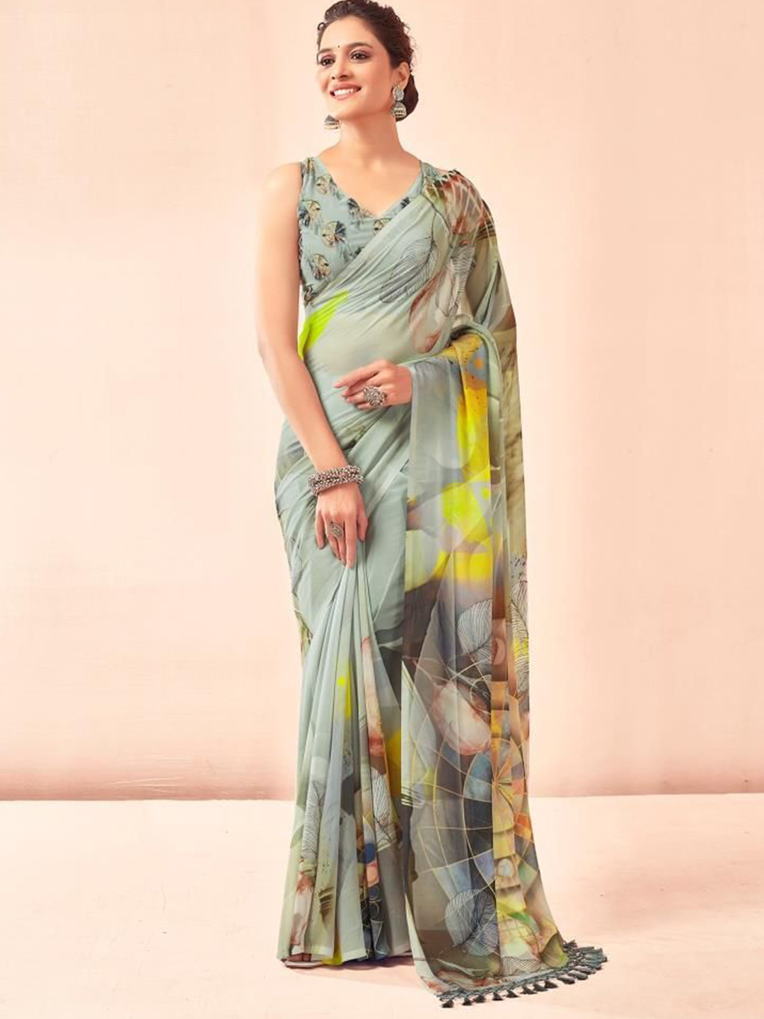 HERE&NOW Floral Print Pure Chiffon Saree