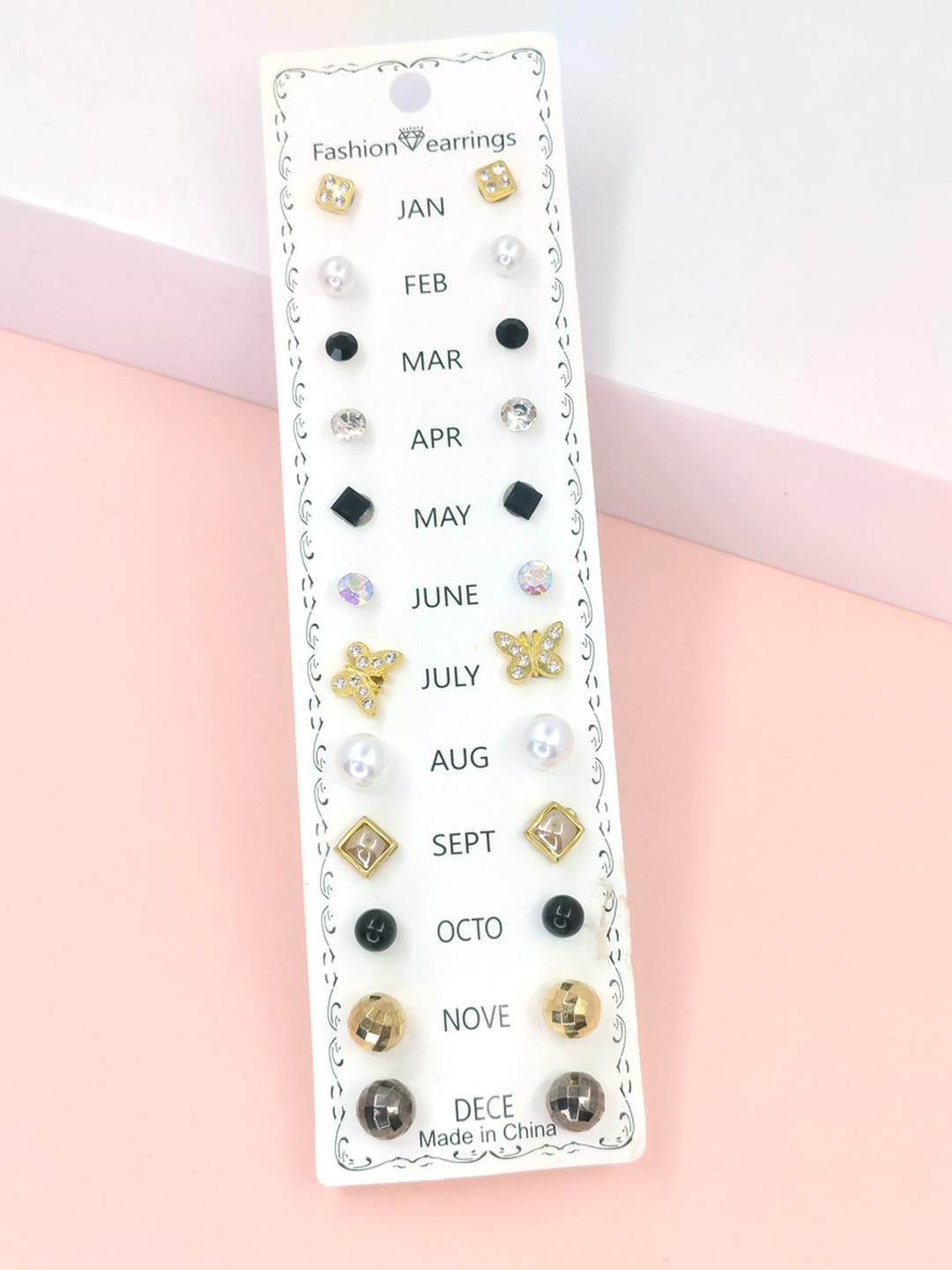 Honbon Girls Set Of 12 Artificial Stones Studded Square Korean Studs