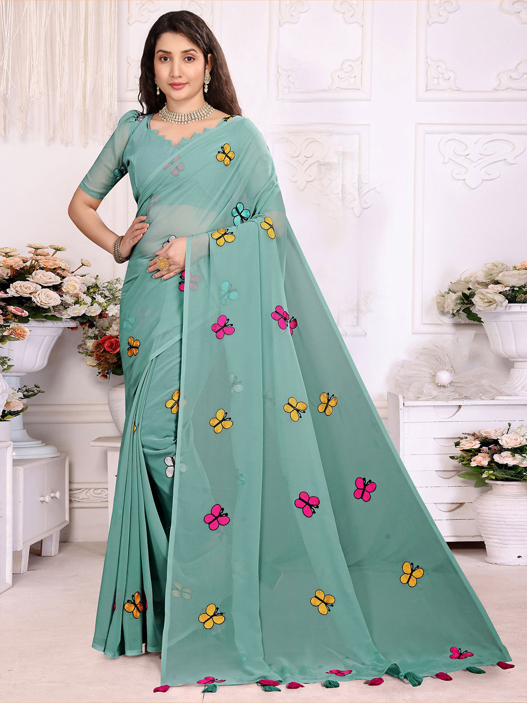 Sadika Embellished Butterfly Embroidered Party Saree