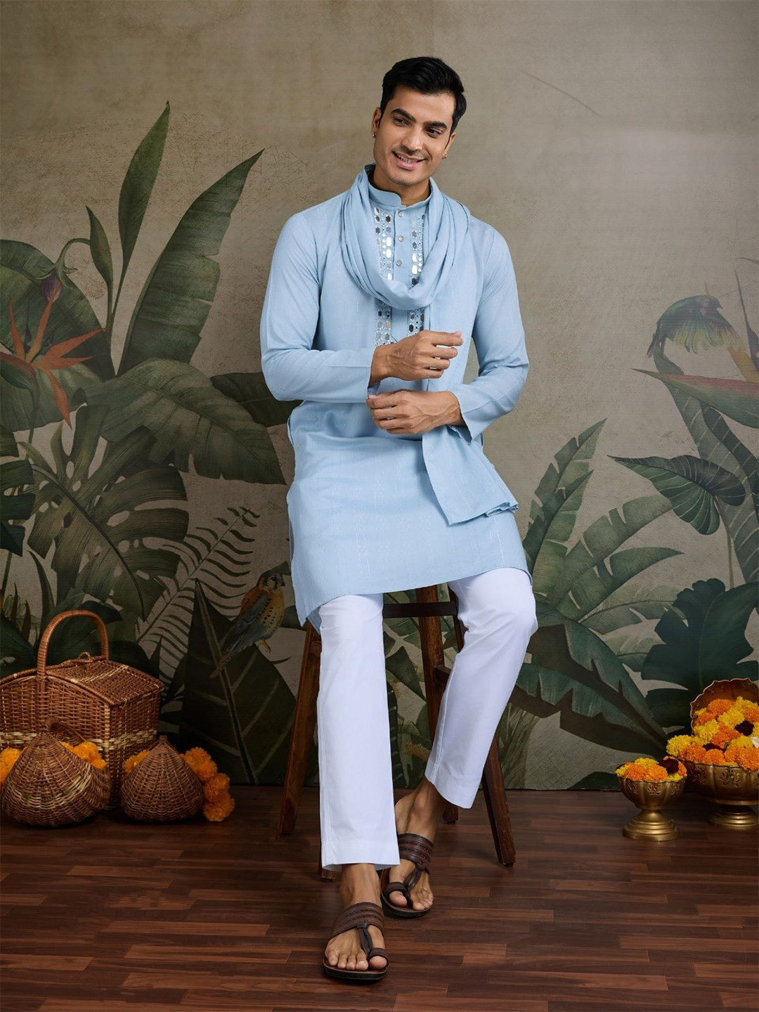 ODETTE Men Viscose Silk Embellished Stitched Kurta