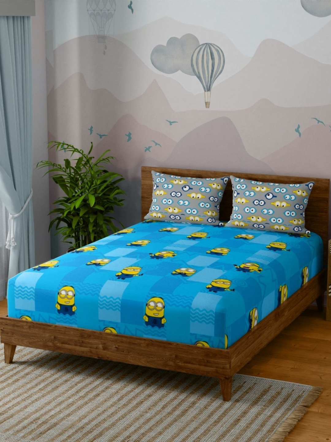 STELLAR HOME Minions Blue Skin-Friendly Printed 144 TC Queen Bedsheet Set 2.24 M X 2.54 M