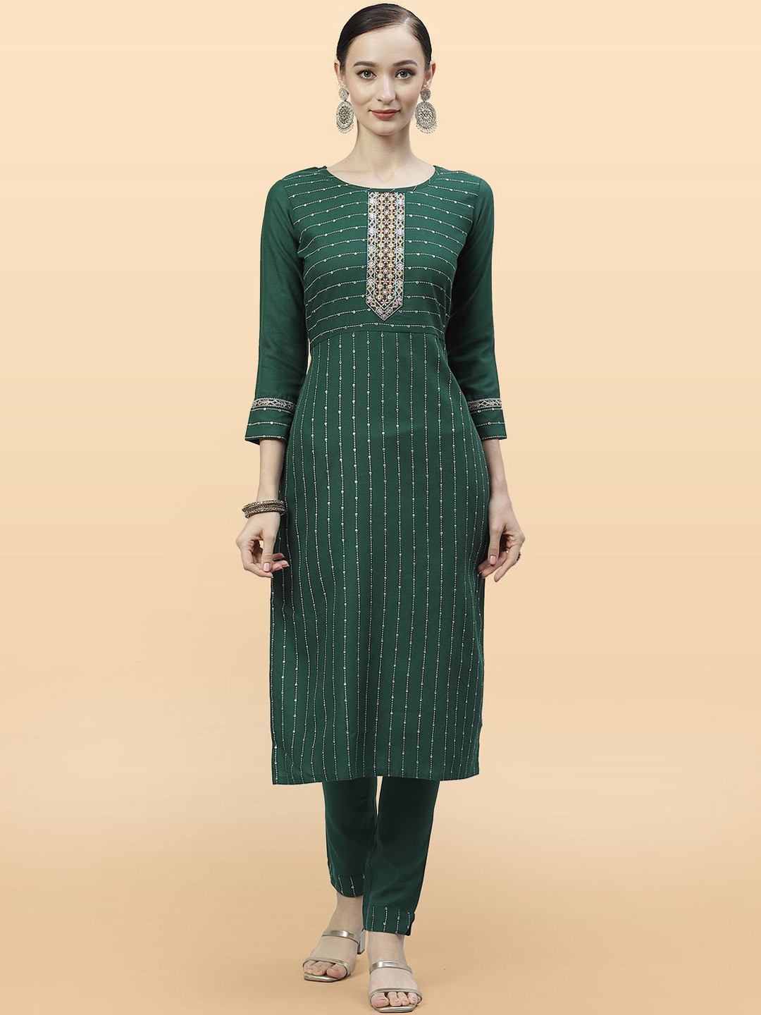 Anouk Rustic Striped Embroidered Mirror Work Ruby Silk Straight Kurta With Trousers