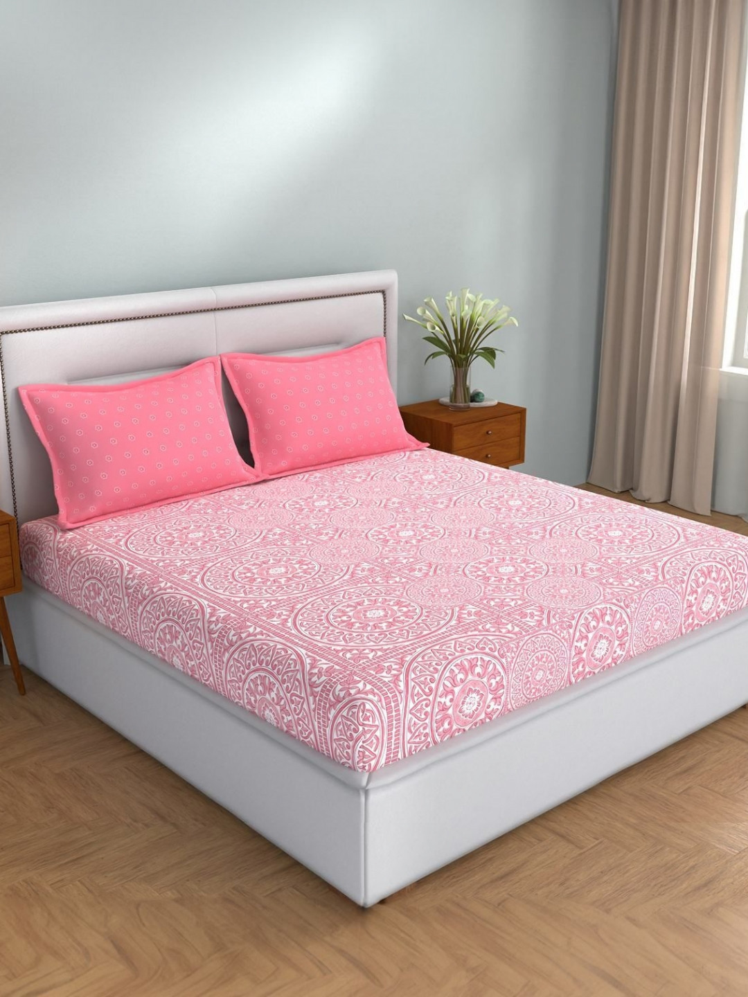 STELLAR HOME Lilly Pink Floral Printed Cotton 104 TC Queen Bedsheet Set 2.24 M X 2.74 M