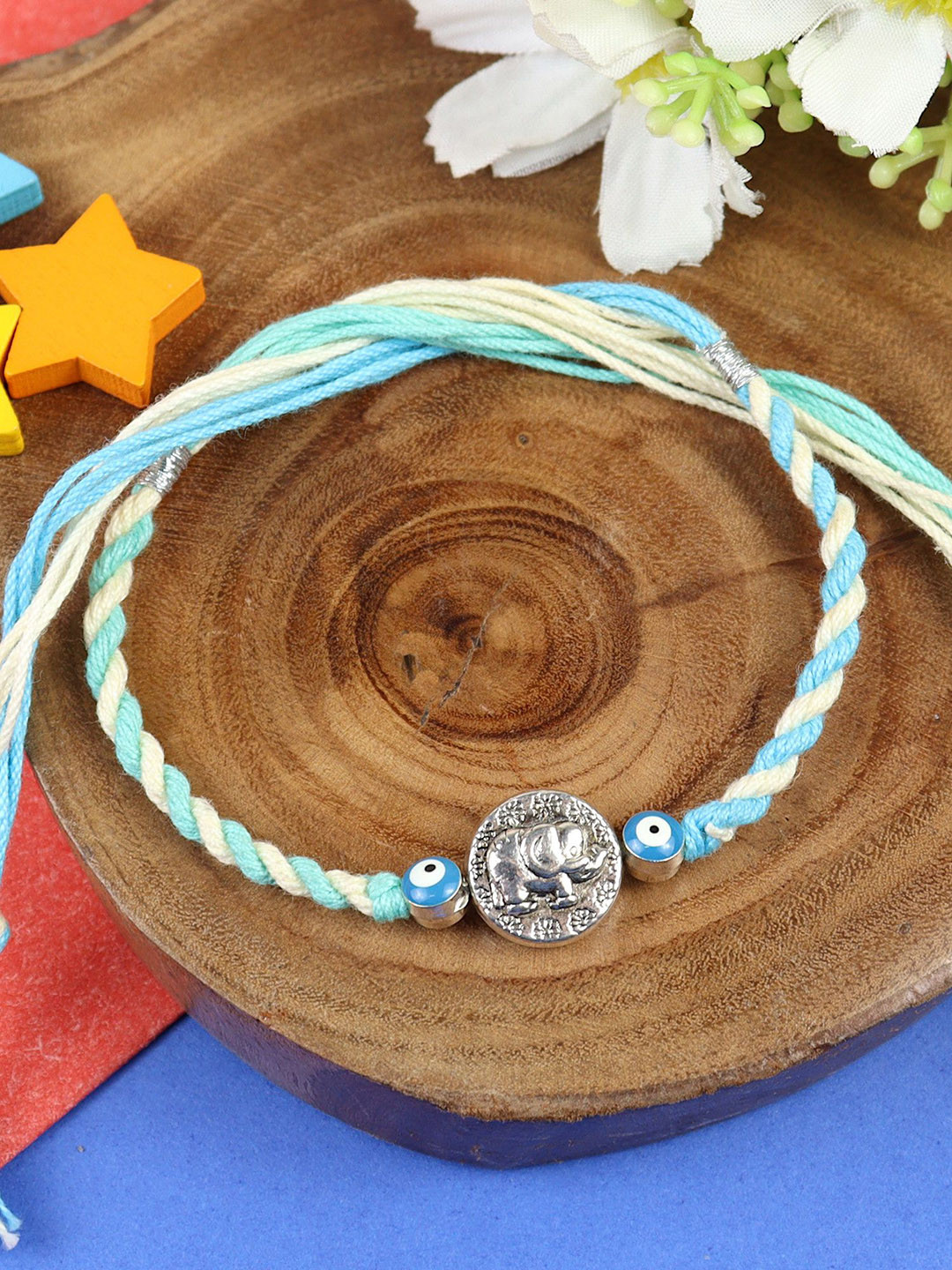 Asthetika Elephant Evil Eye Kids Bracelet Rakhi With Roli Chawal