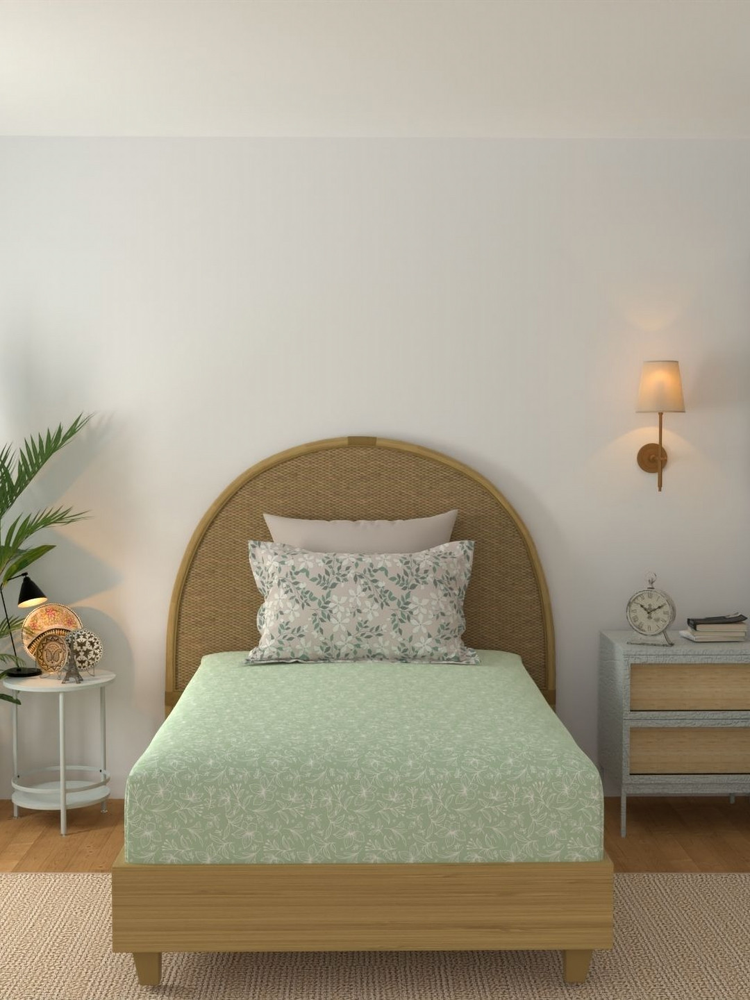 STELLAR HOME Legacy Green Floral Printed Cotton 140 TC Single Bedsheet Set 1.50 M X 2.24 M
