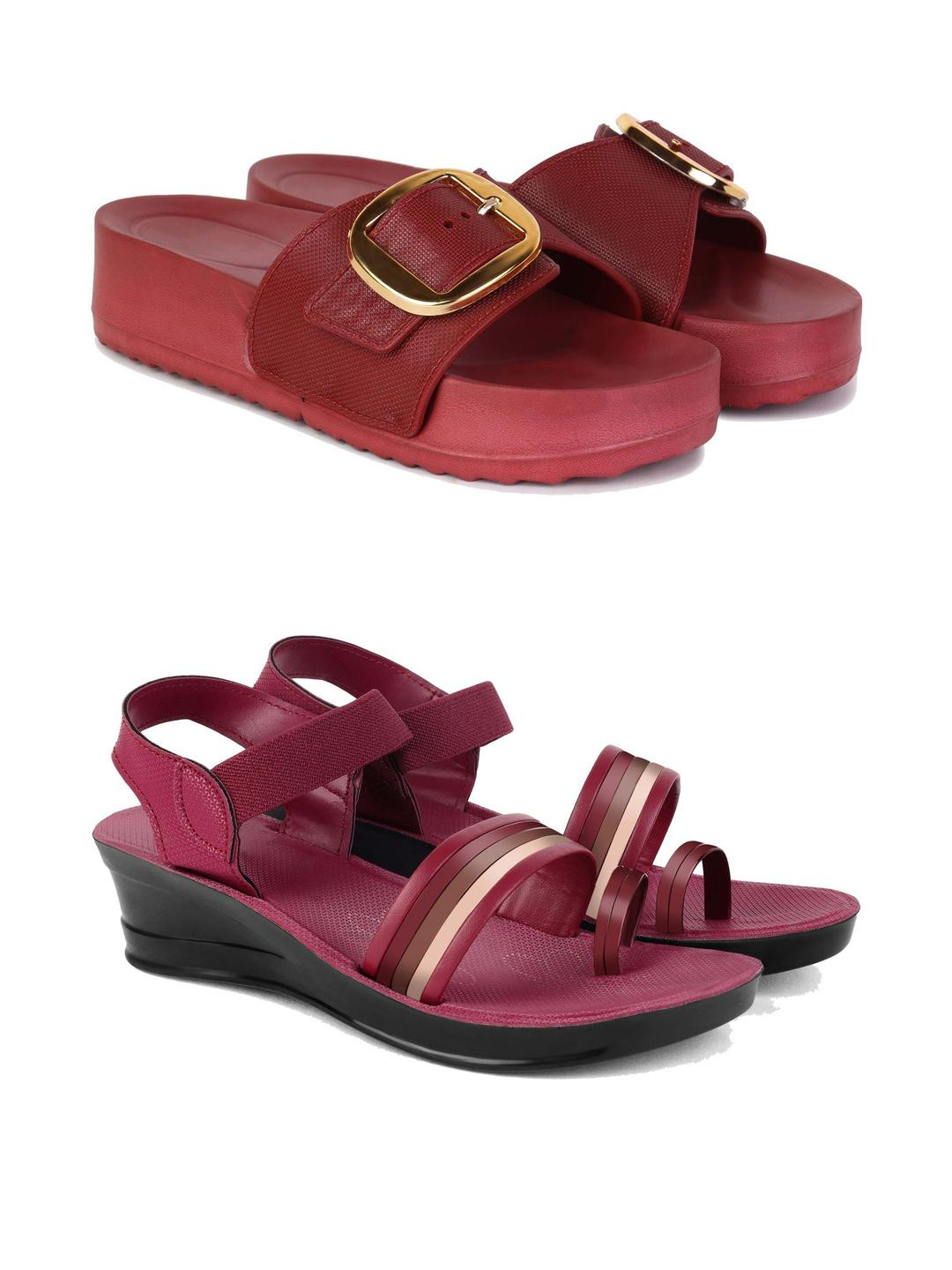 DRACKFOOT Women Pack Of 2 Open Toe Sandals with Buckles