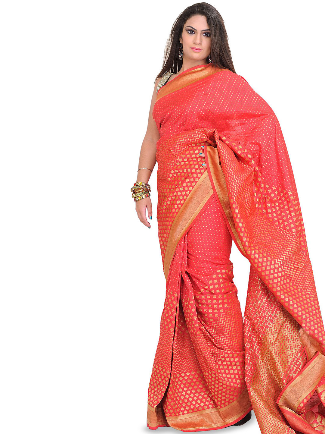Exotic India Polka Dots Printed  Zari Art Silk Banarasi Saree