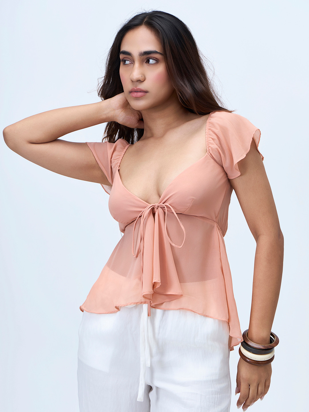 COLOR CAPITAL Women Waist Tie-Ups Flutter Sleeve Georgette Peplum Top