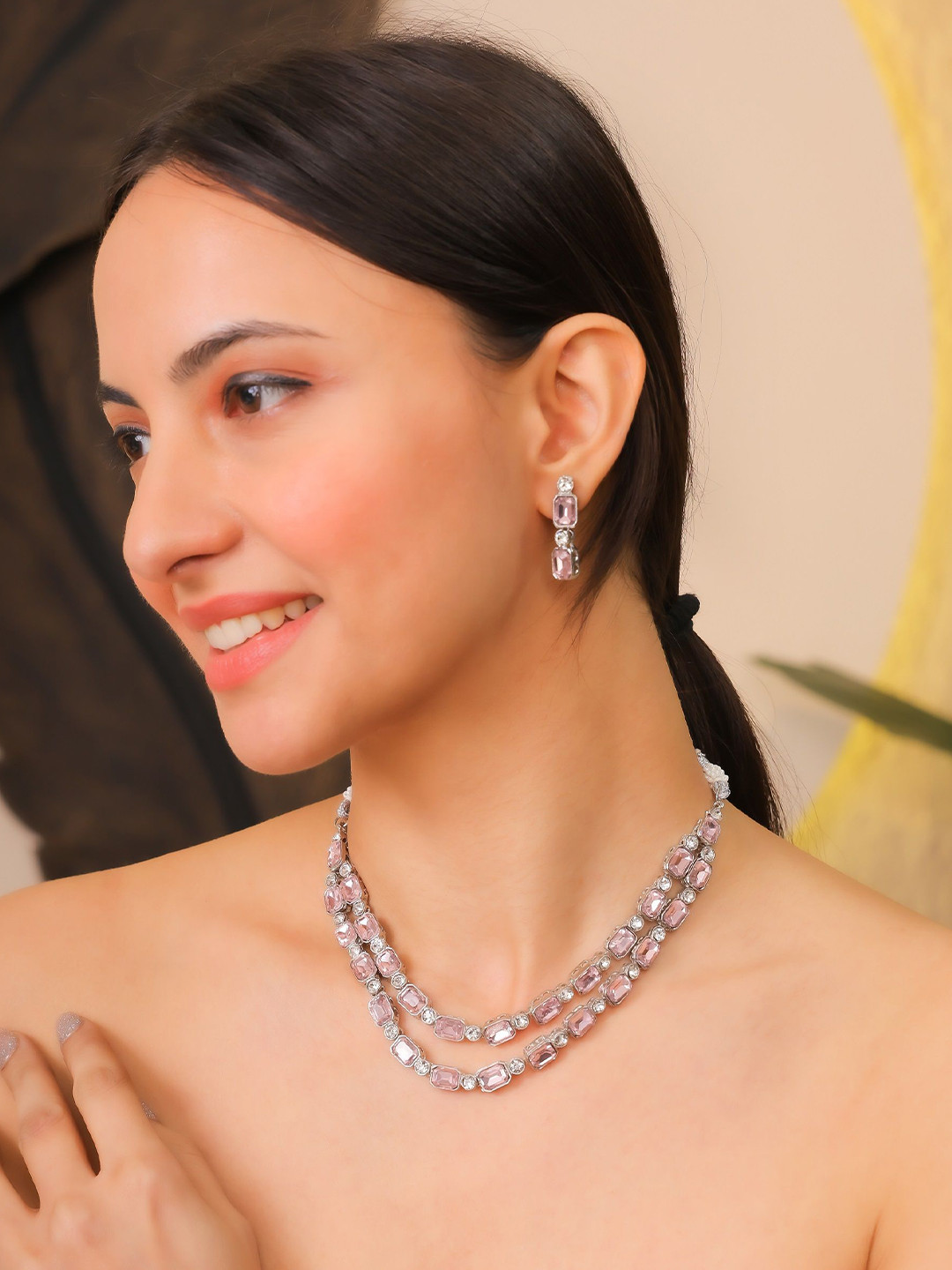 EIT Collection Silver Plated Cubic Zirconia Studded Two Layer Jewellery Set