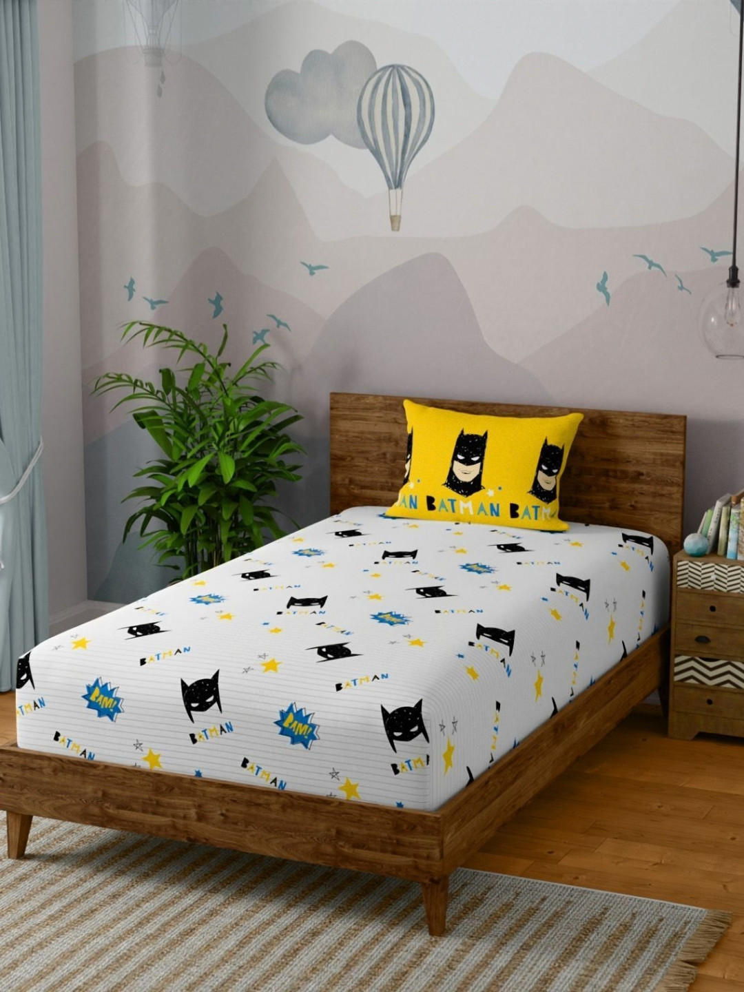 STELLAR HOME White & Blue Cartoon Characters 144 TC Single Bedsheet with 1 Pillow Covers