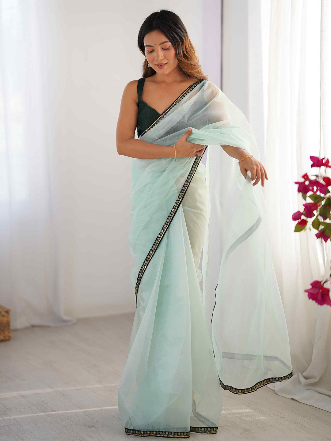 HERE&NOW Solid Net Saree With Embellished Border