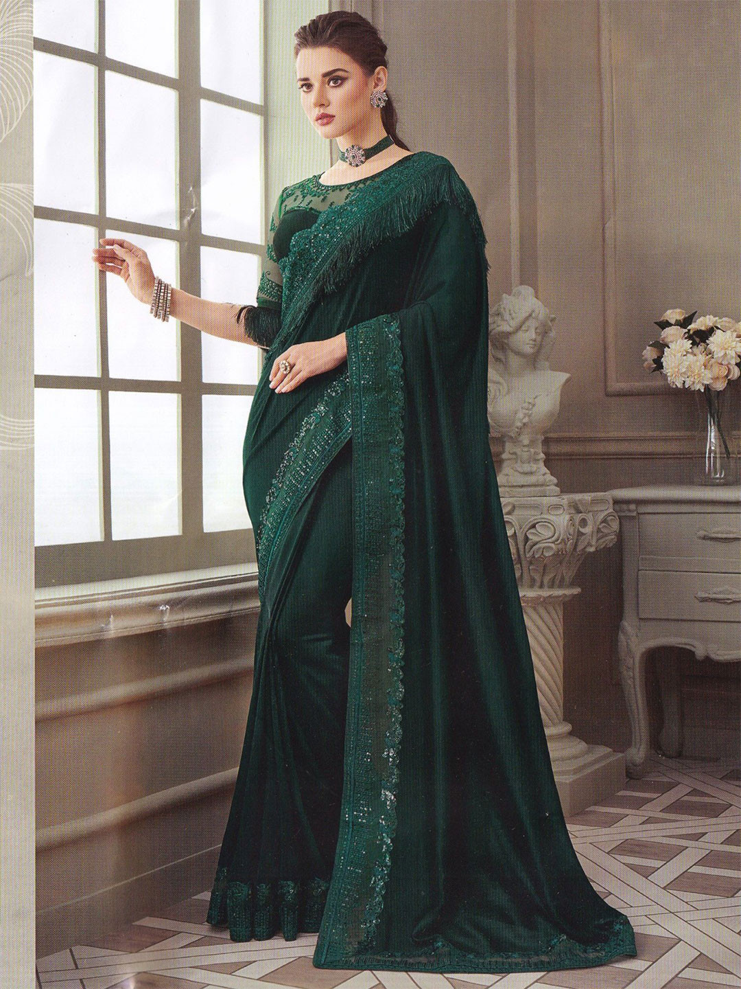 Exotic India Exclusive Elegant Silk Saree With Net Embroidered Border And Frills