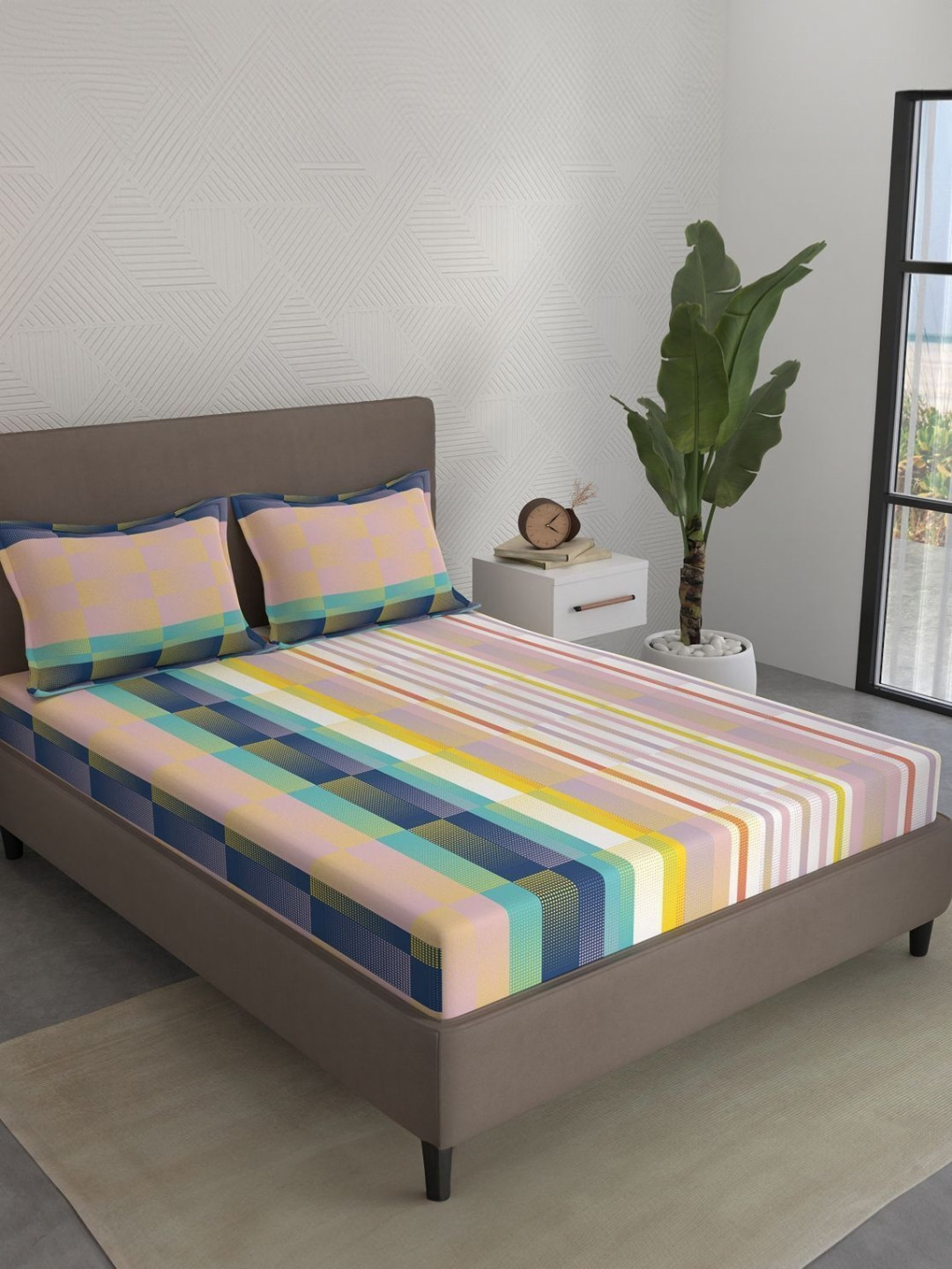 STELLAR HOME Marigold Blue Geometric Printed 104 TC Queen Bedsheet Set 2.24 m x 2.74 m
