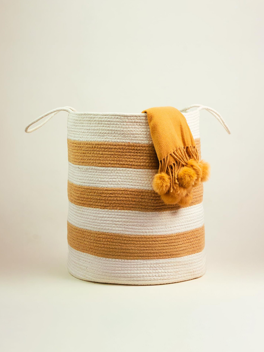 prettykrafts White & Brown Striped Pure Cotton Foldable Breathable Laundry Bag - 50 L