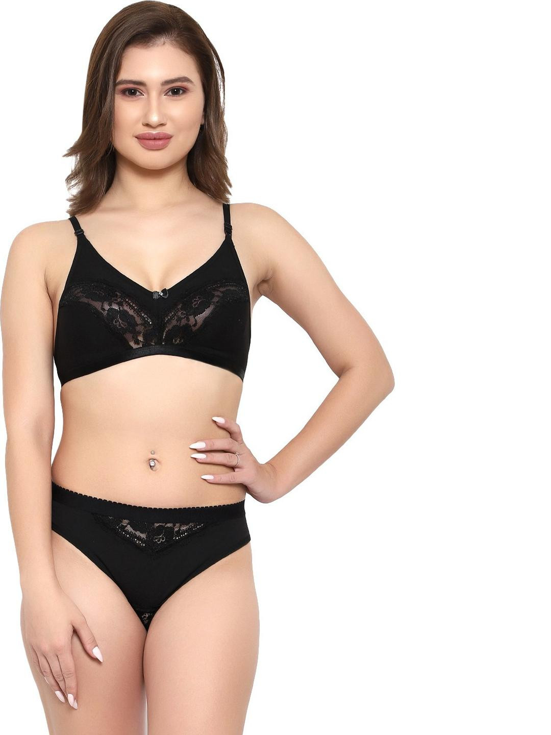 TACE Black Cotton Underwired Non Padded Lingerie Set