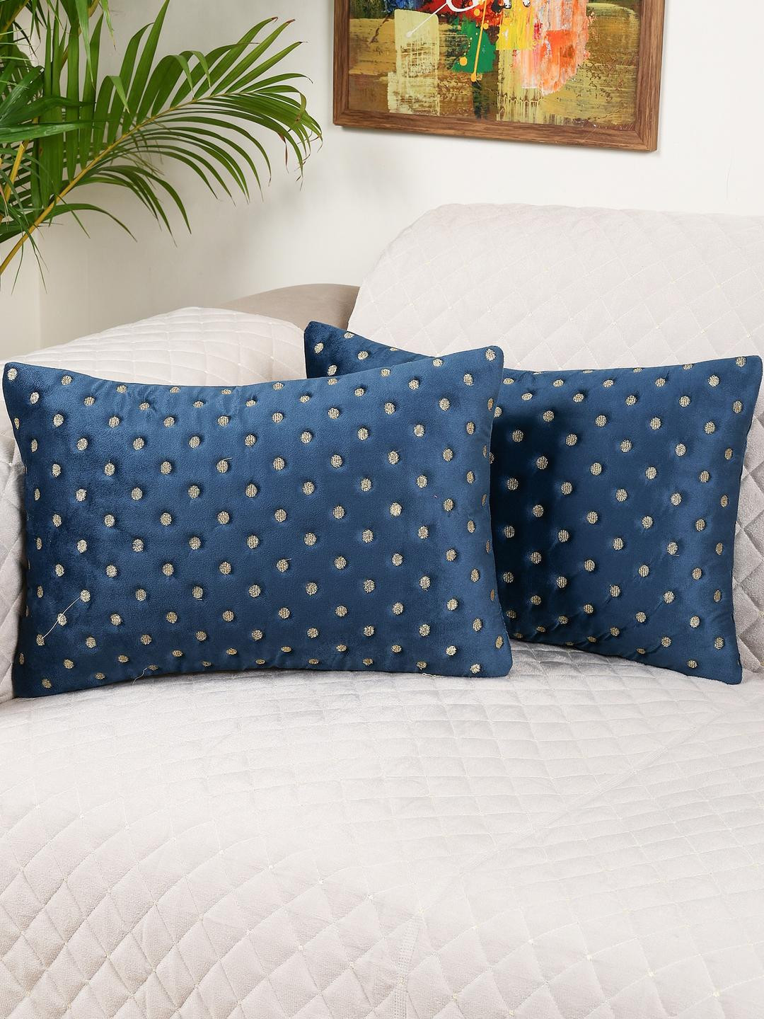 MONKDECOR Polka Dots Velvet Washable 2 Pcs Embroidered Cushion Covers - 12 x 18 In
