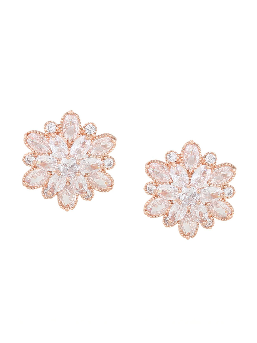 FirstBlush Stainless Steel Rose Gold-Plated Crystals Studded Floral Shaped Clip On Studs