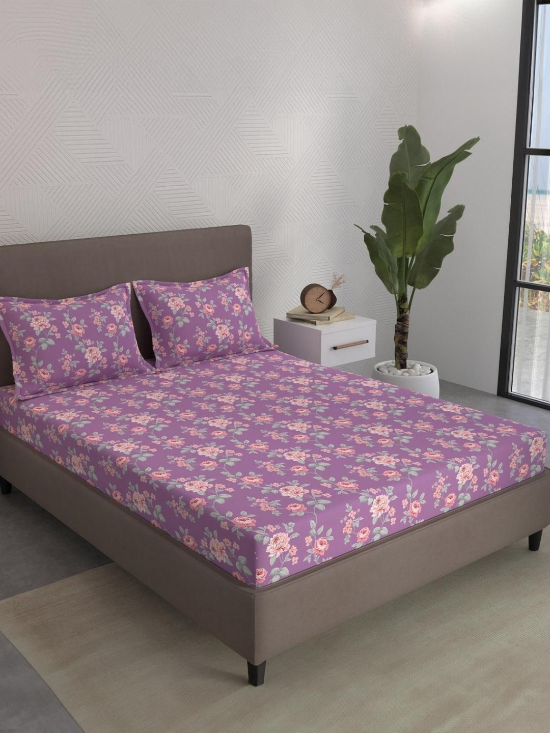 STELLAR HOME Marigold Plus Lavender Printed 104 TC Super King Bedsheet Set 2.74m x 2.74m