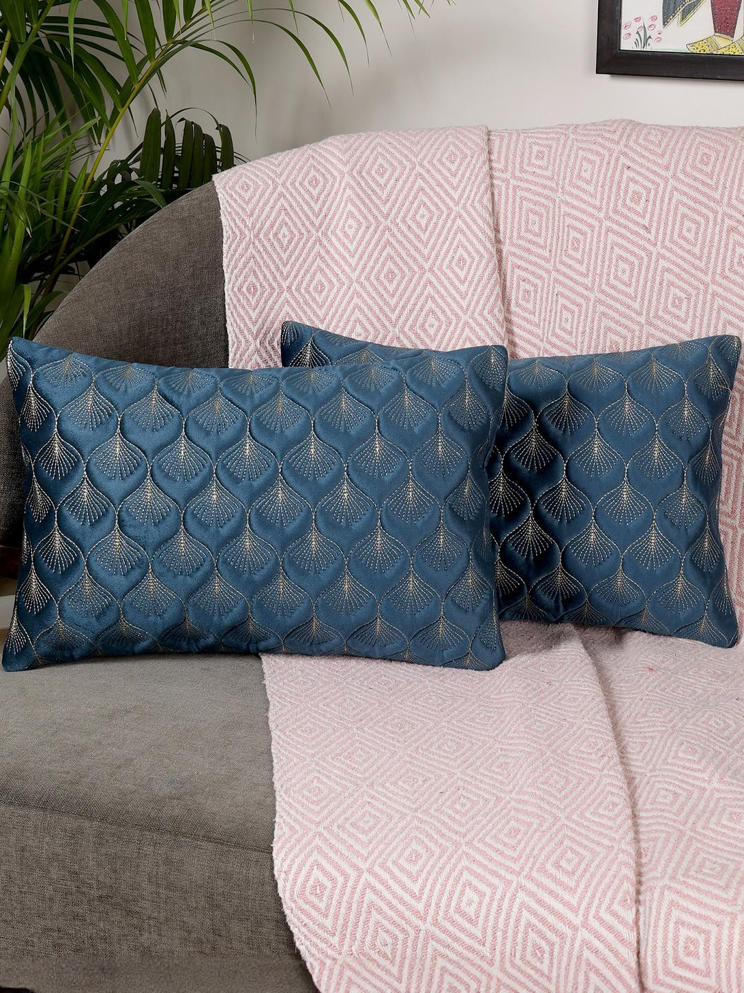 Feather Design Blue Color Rectangle Velvet Cushion Covers Set of 2