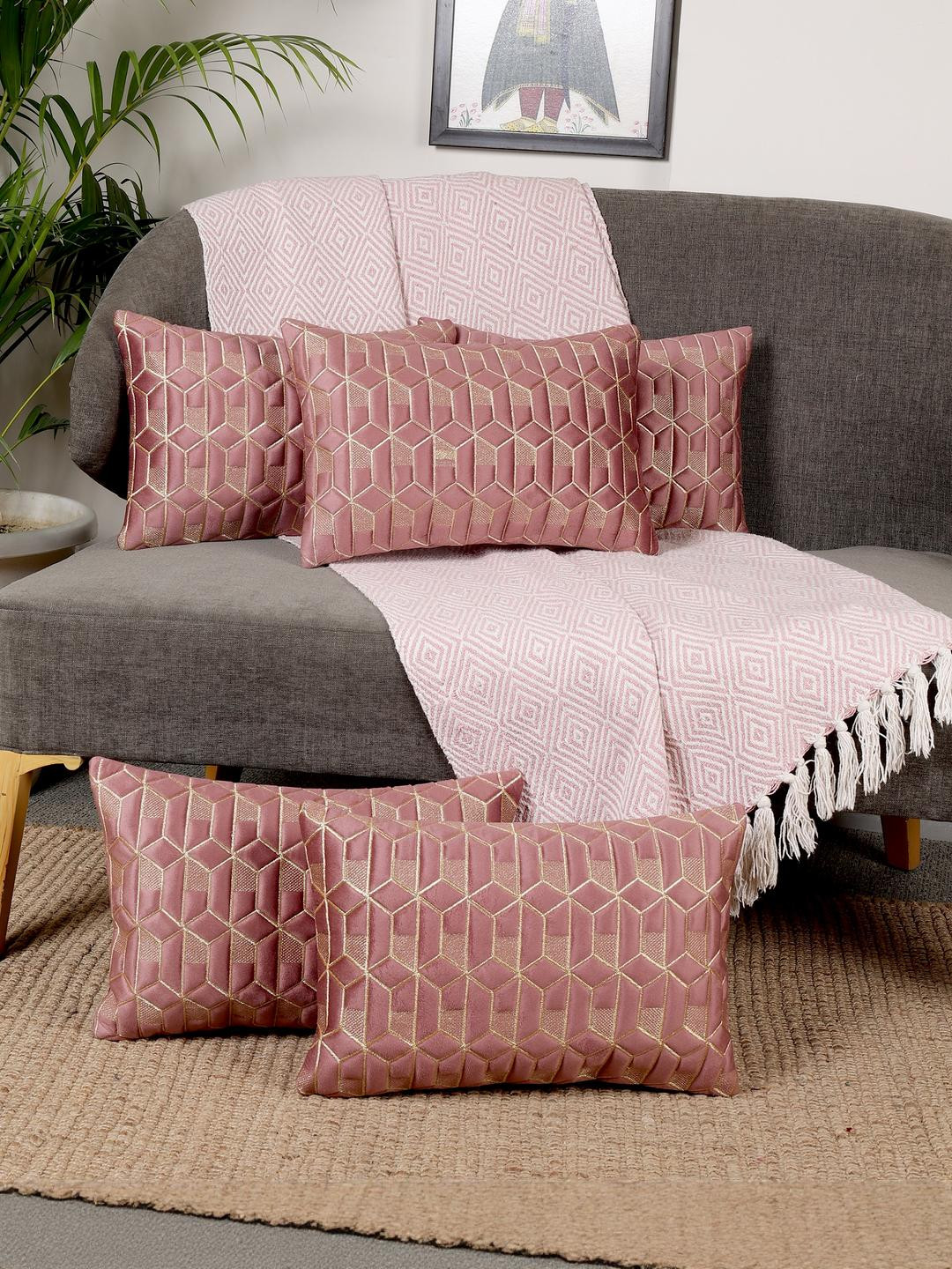 TANLOOMS Pink & Gold 5 Pieces Velvet Rectangle Geometric Cushion Covers