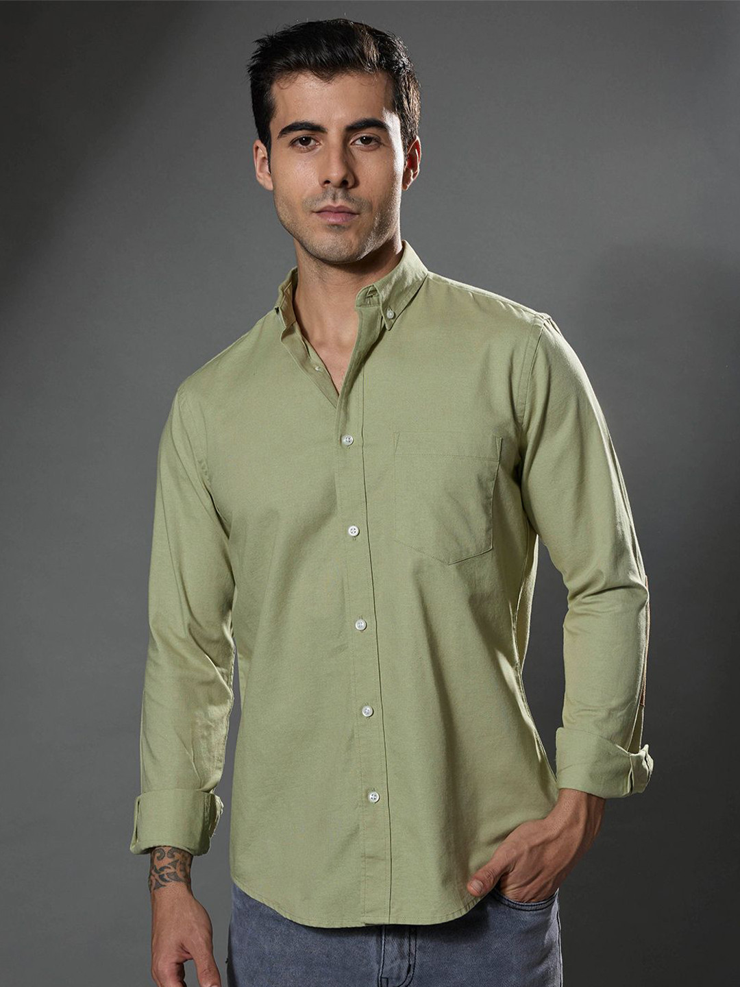 Espanshe Men Slim Fit Spread Collar Pure Cotton Casual Shirt With Elbow Patch