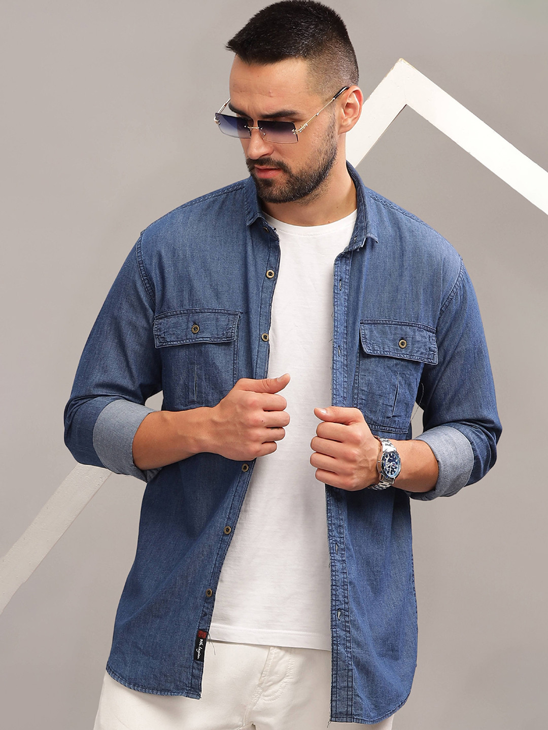7TH LEGION Smart Spread Collar Casual Denim Shirt