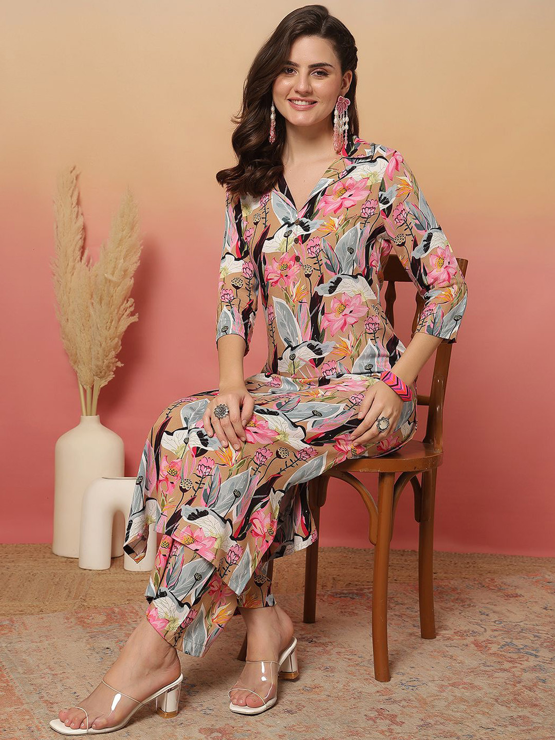 Anouk Rustic Floral Printed Shirt Collar Straight Kurta With Palazzos