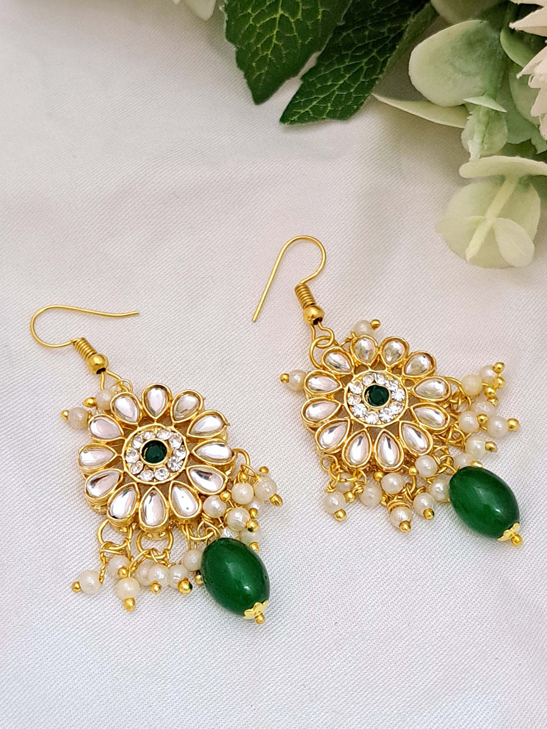 MERYCRAFT Gold-Plated Artificial Stones Studded & Beaded Floral Shaped Drop Earrings