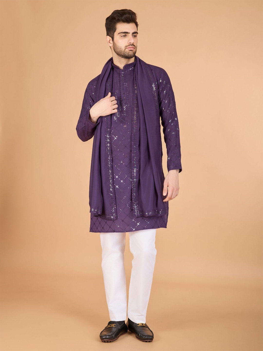 ODETTE Purple Viscose Silk Sequins Stitched Kurta For Men