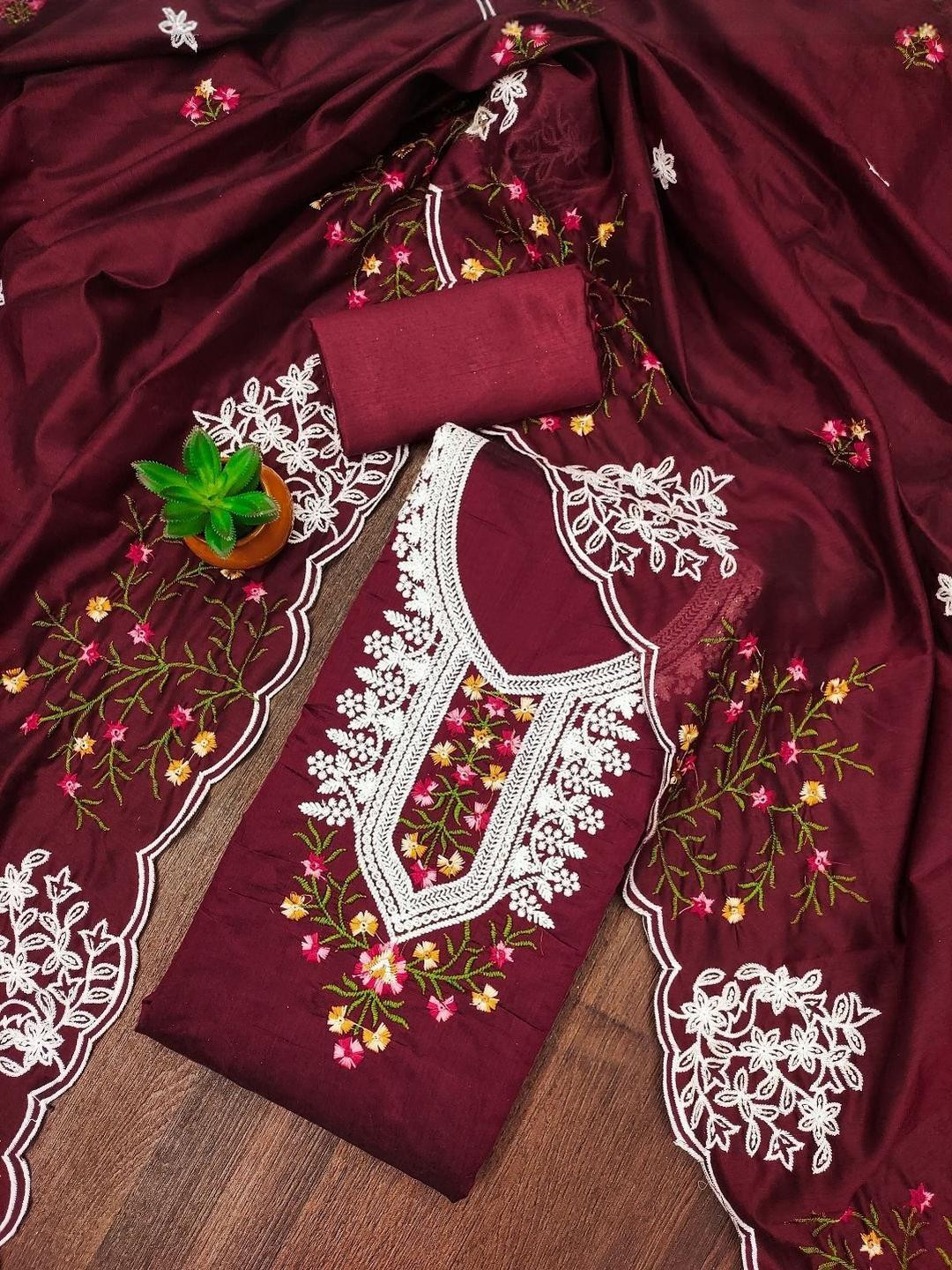 KALINI Women's Chandrei Cotton Floral Embroidered Unstitched Dress Material with Dupatta