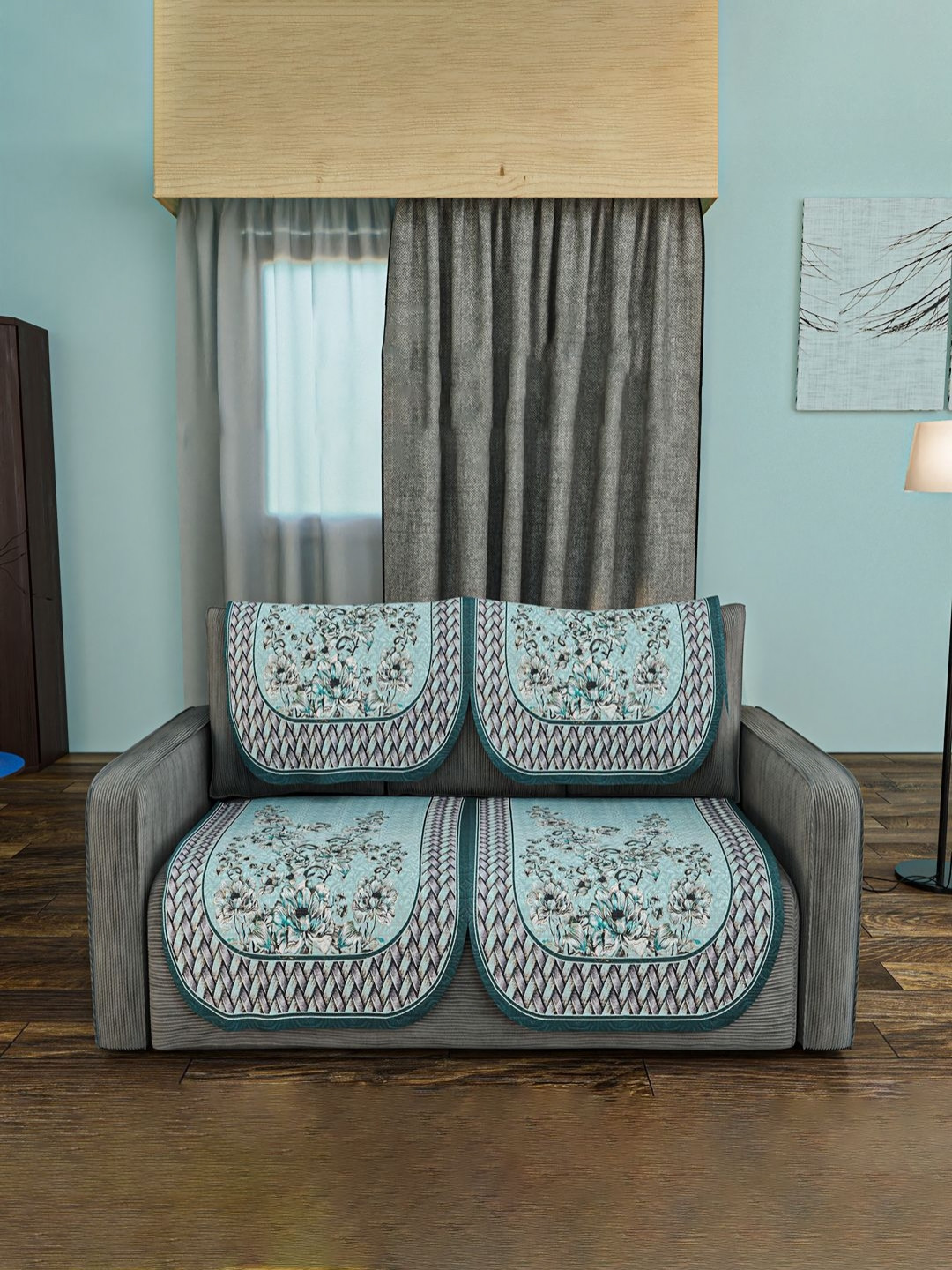 Aura Blue & Grey 4 Pieces Cotton 2 Seater Sofa Cover Washable Sofa Protector Slipcover