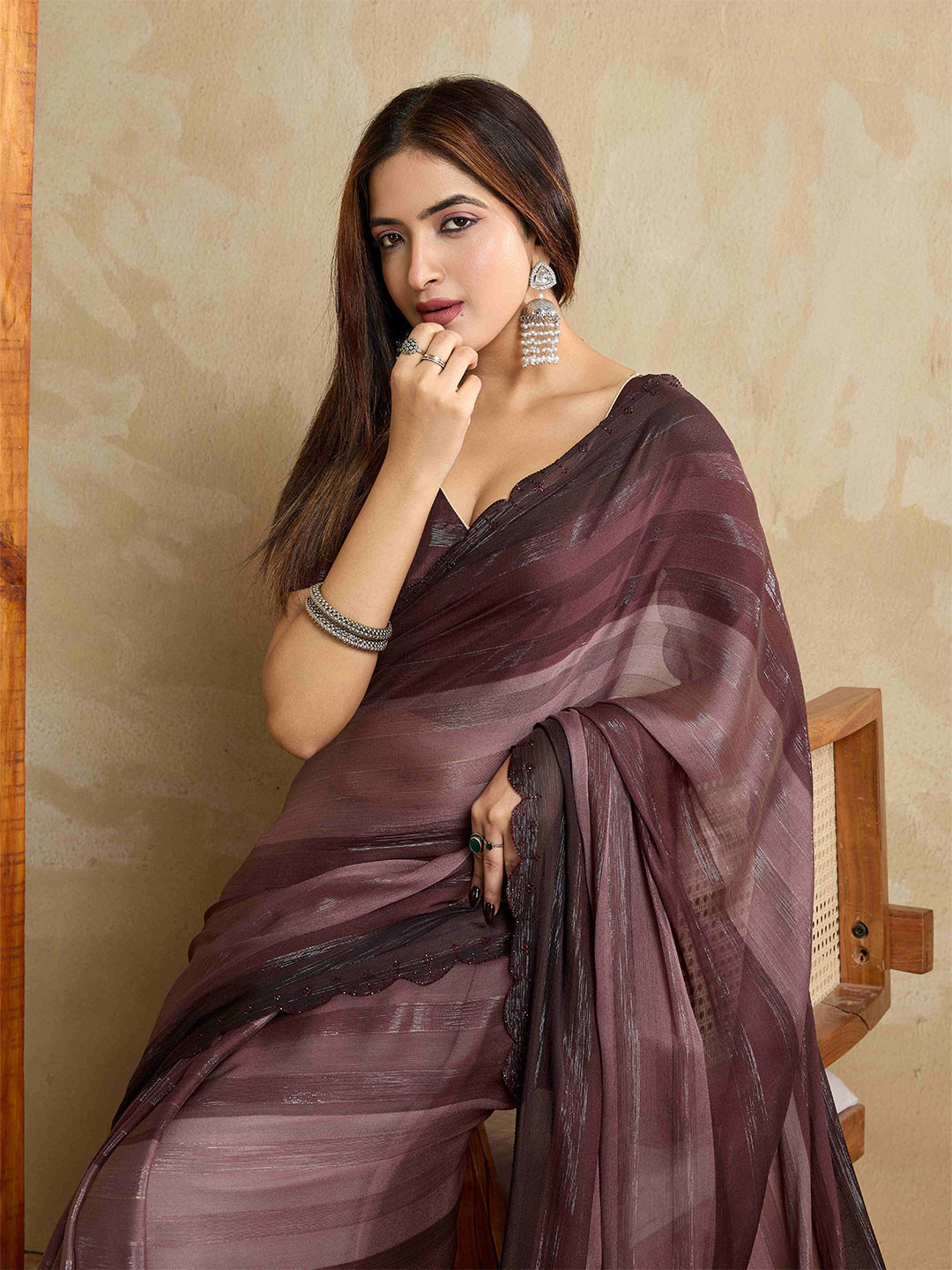 all about you Striped Beads and Stones Details Pure Chiffon Saree