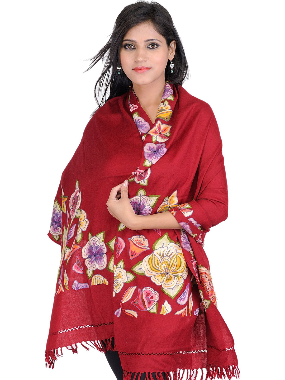 Exotic India Kashmir Flowers Embroidered Woollen Shawl