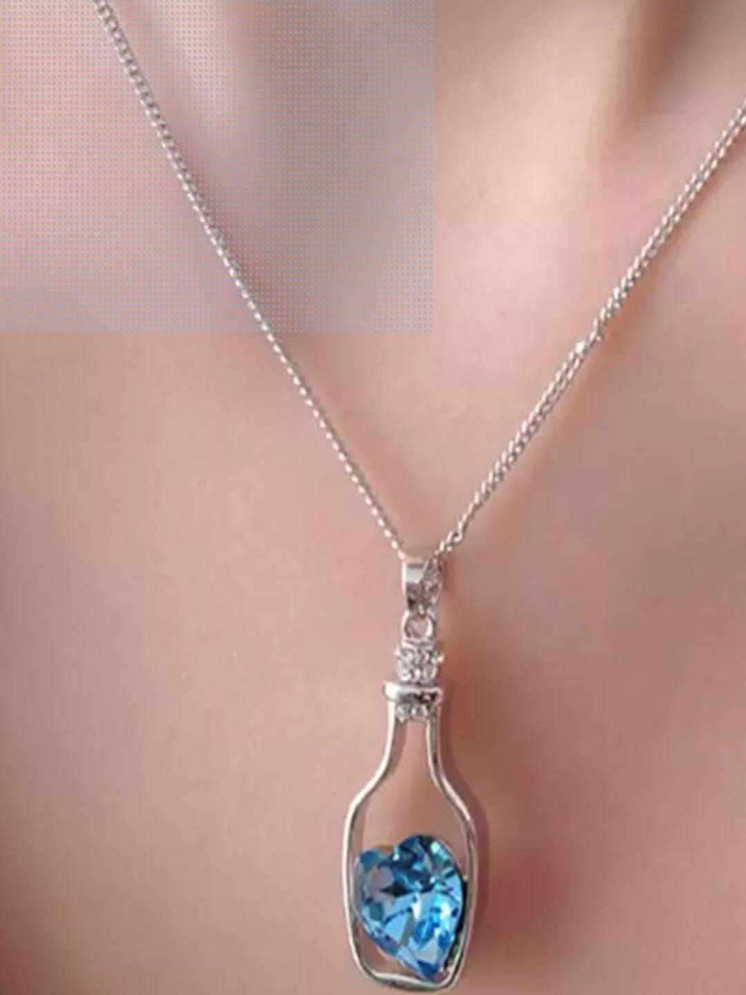 Vientiq Silver-Plated Blue Crystal Heart Pendant Chain Necklace
