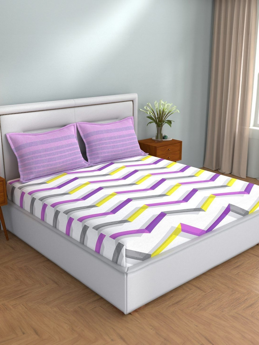 STELLAR HOME Magenta & White Printed 104 TC Cotton Single Bedsheet Set 1.50 m x 2.24 m