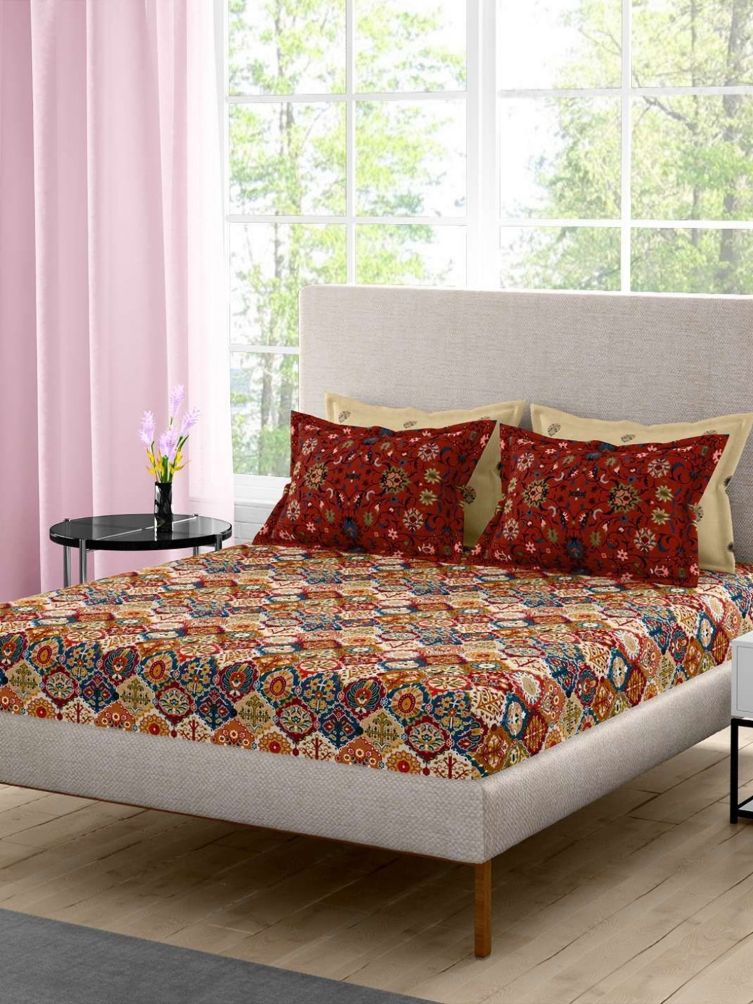 Portico Neeta Lulla Maroon Floral Cotton 210 TC Super King Bedsheet Set-2.74 m x 2.74 m