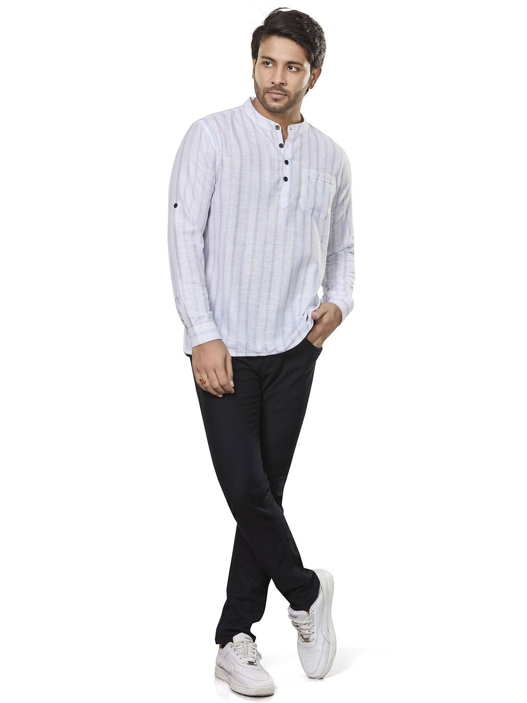 Authentics Striped Band Collar Roll-Up Sleeves Cotton Linen Kurta