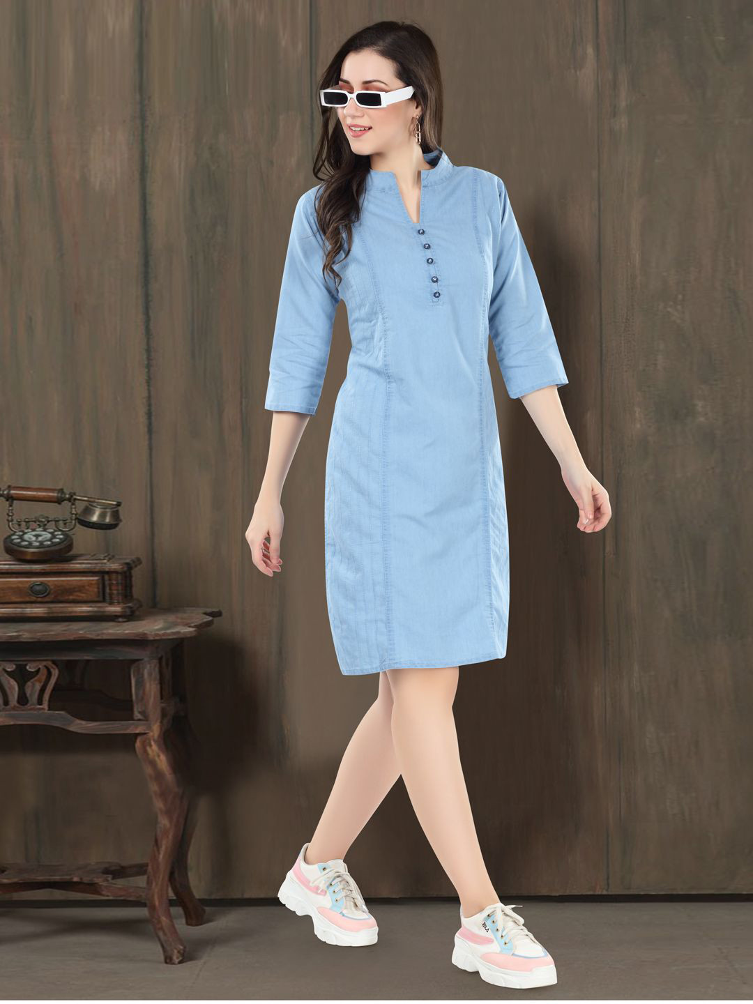 SK Creation Women Striped Mandarin Collar A-Line Midi Dress