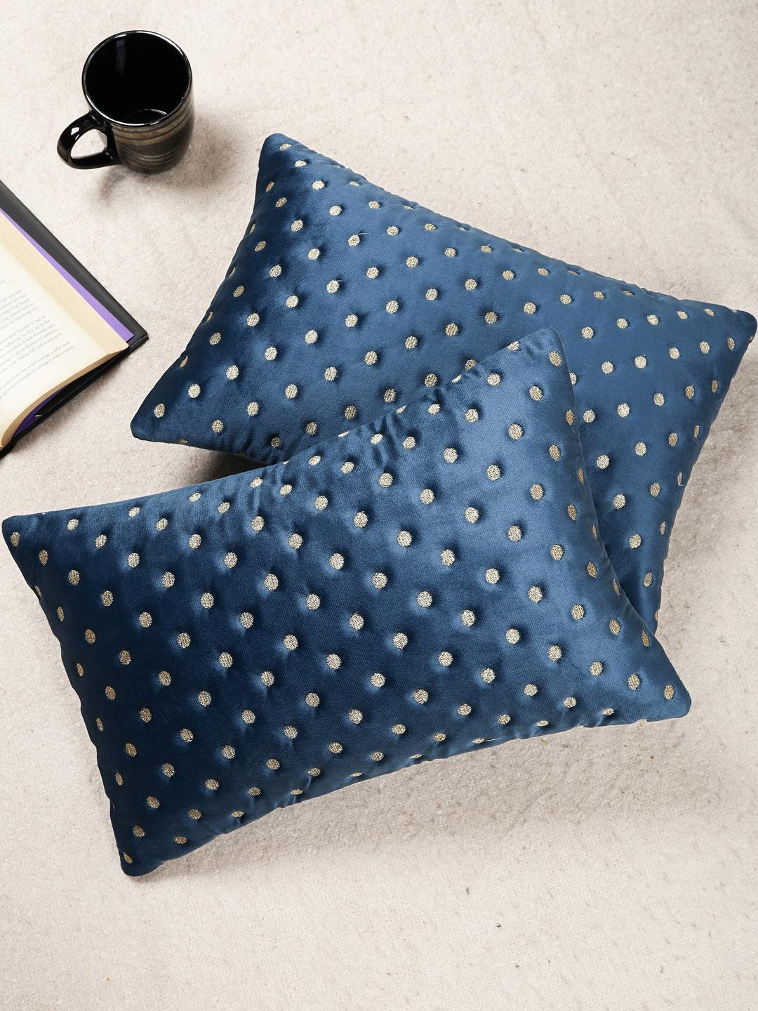TANLOOMS Blue And Gold Velvet Rectangle Cushion Cover