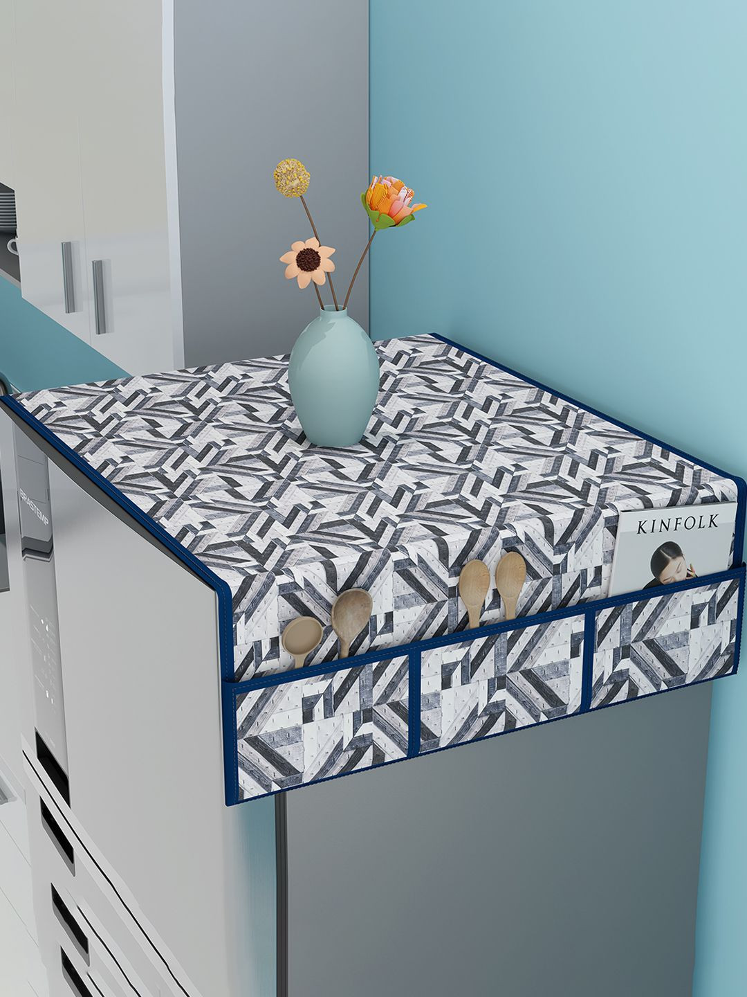 Kuber Industries White & Grey Flower Check Printed Quilted Waterproof Fridge Top Cover
