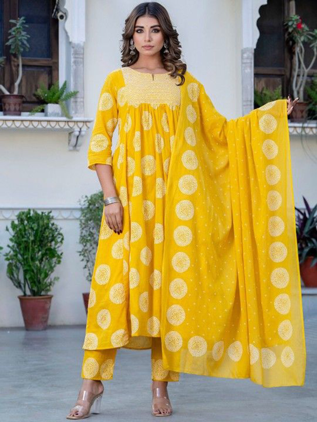 Rashiklal and Co. Floral Printed A-Line Kurta With Palazzos And Dupatta