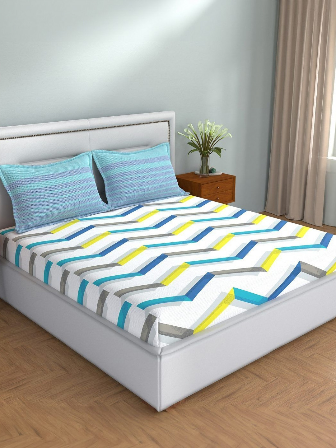 STELLAR HOME Lilly Blue & White Geometric Printed Cotton 104 TC Single Bedsheet Set