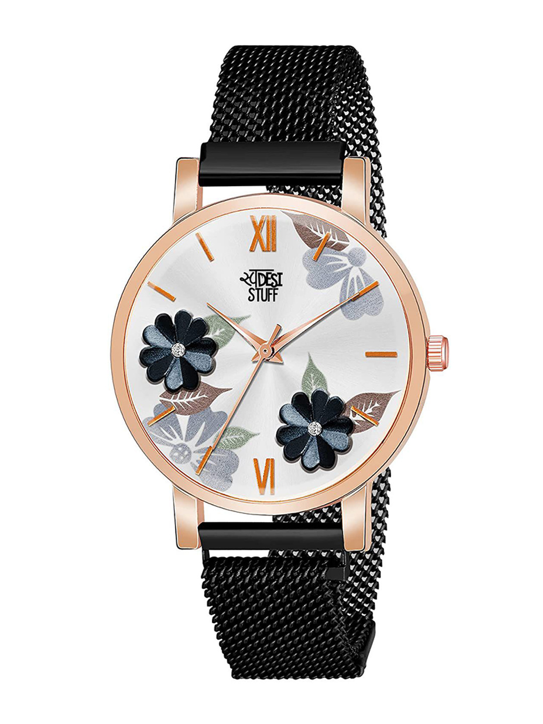 SWADESI STUFF Women Round Dial & Straps Analogue Watch MG FLOWER BLACK 18