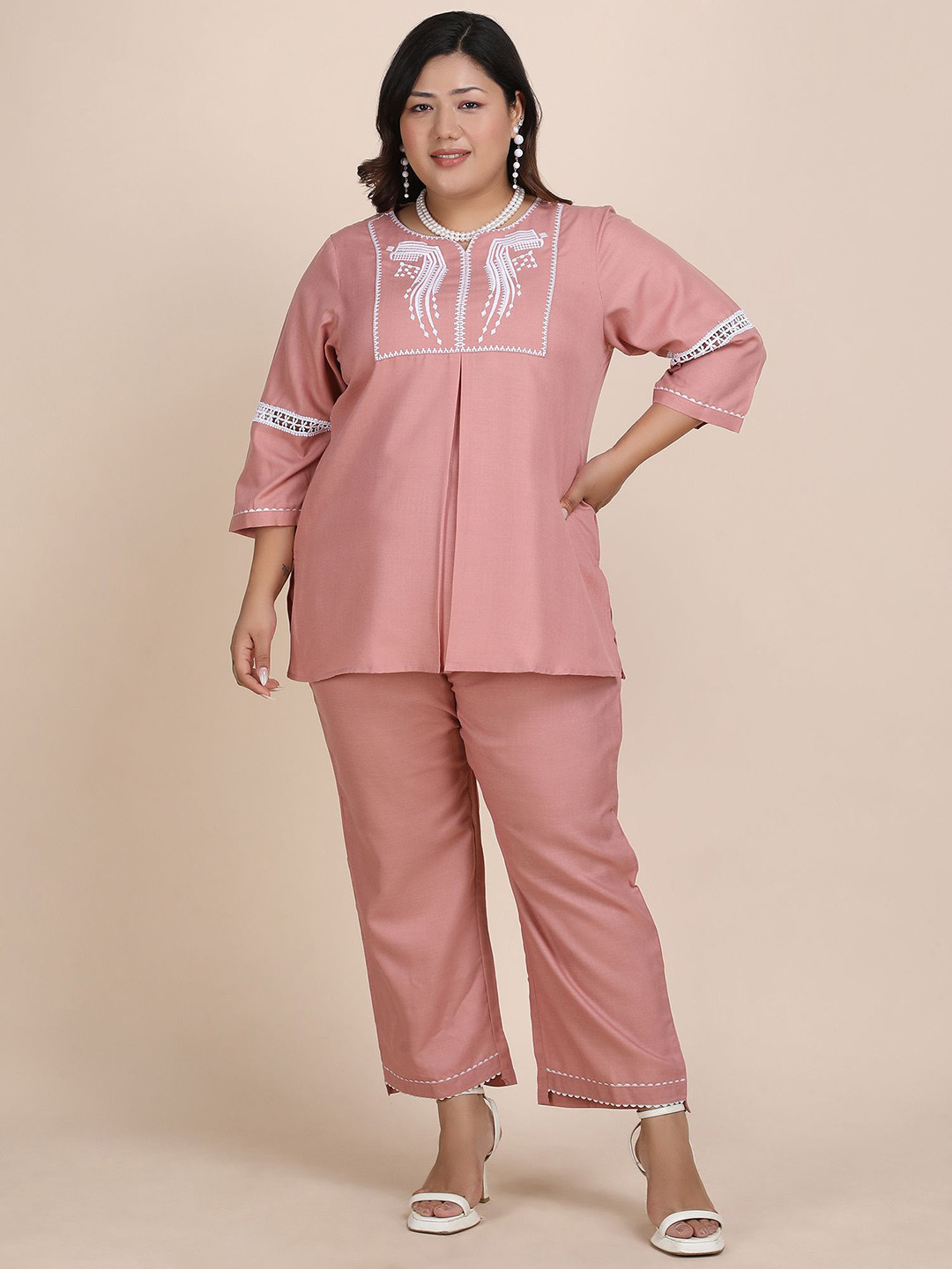 Bani Women Embroidered Plus Size Round Neck Casual Tunic With Trouser Co-Ords