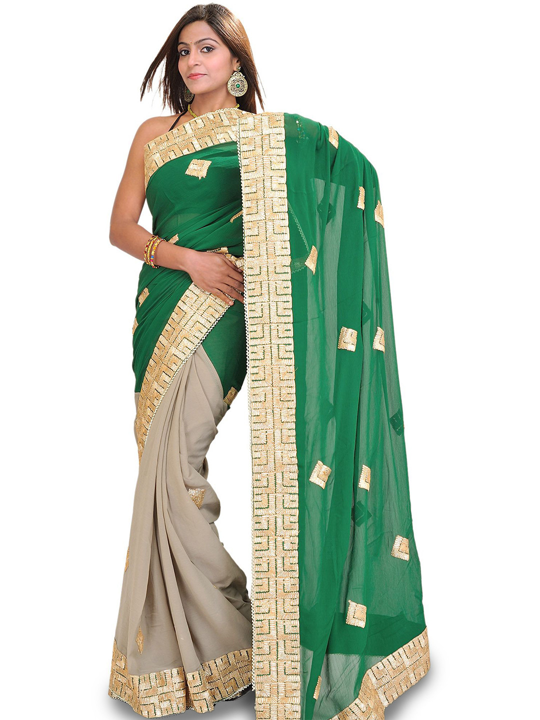 Exotic India Embellished Patchwork Poly Chiffon Half and Half Saree