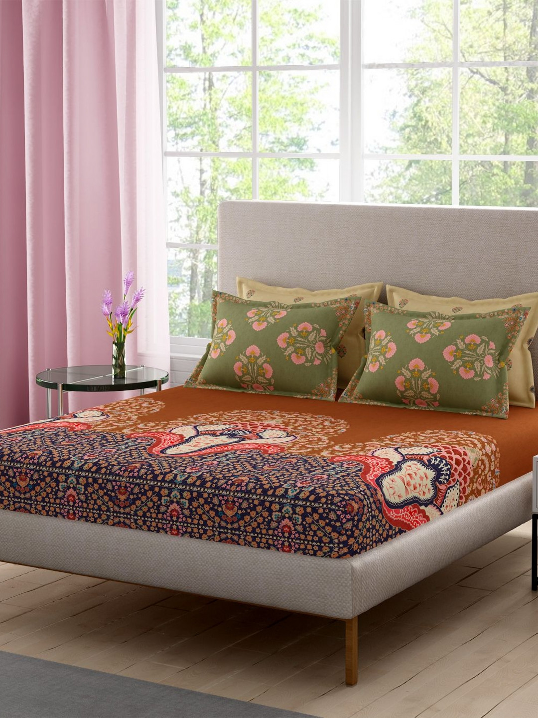 Portico Neeta Lulla Brown Floral Cotton 210 TC Super King Bedsheet Set-2.74 m x 2.74 m
