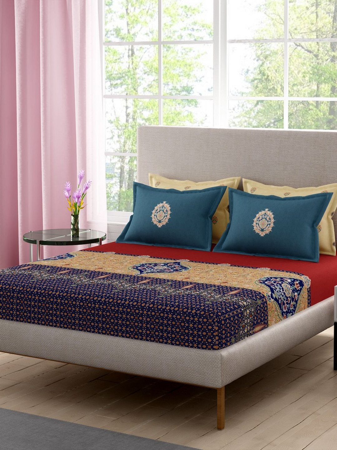 Portico Neeta Lulla Maroon Floral Cotton 210 TC Super King Bedsheet Set-2.74m x 2.74 m