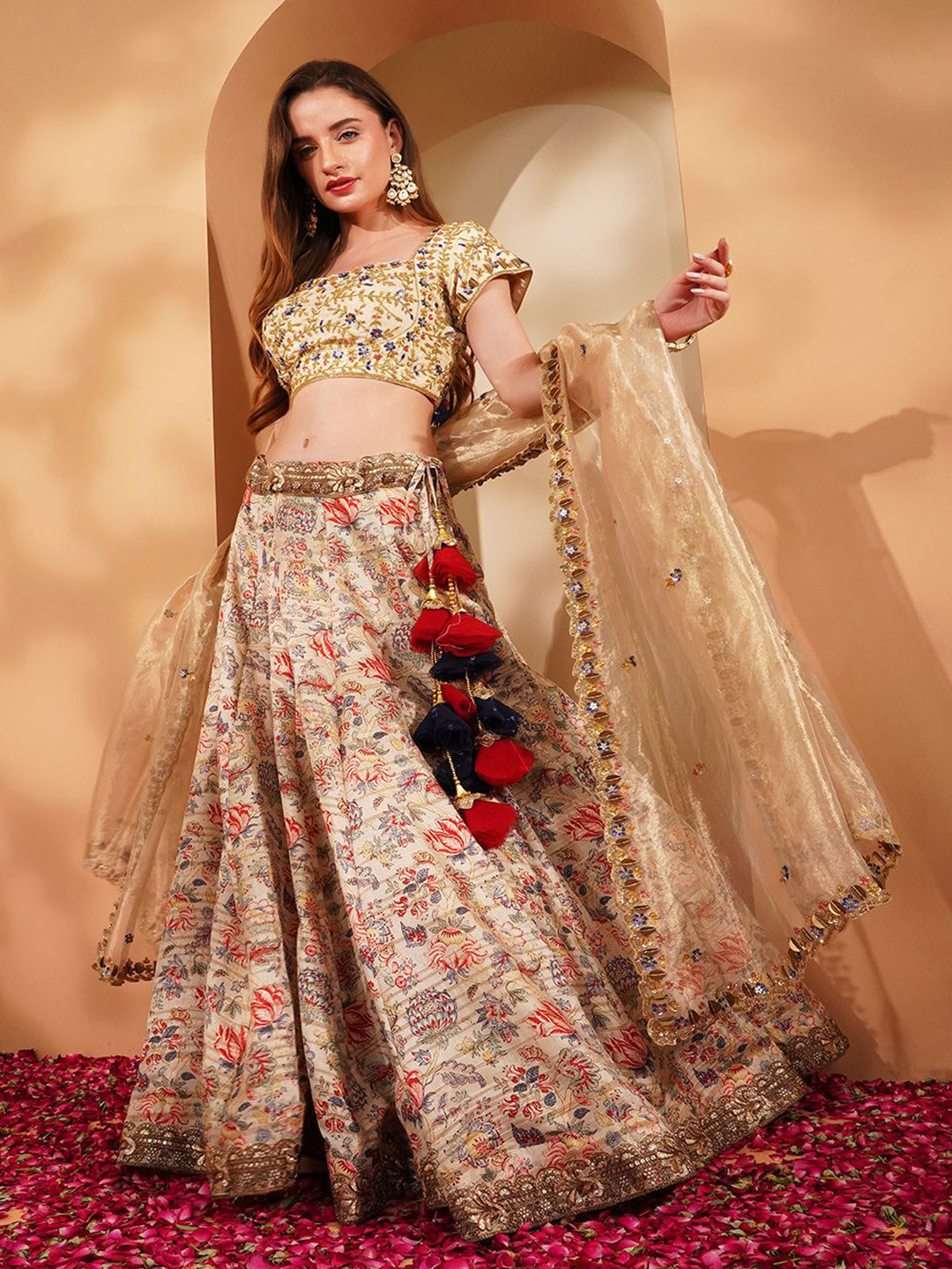 MILU MADAN Floral Embellished Beads & Stones Lehenga & Blouse With Dupatta