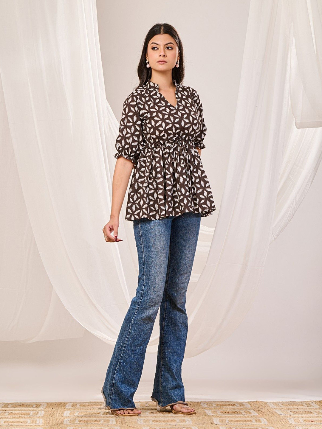 Futra Gabha Floral Print Puff Sleeves Cotton Regular Top