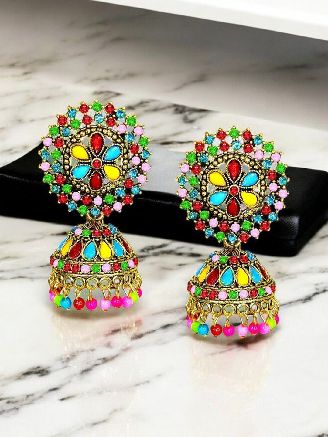 De-Ultimate Gold-Plated Artificial Stones Studded & Beads Beaded Dome Shaped Jhumkas